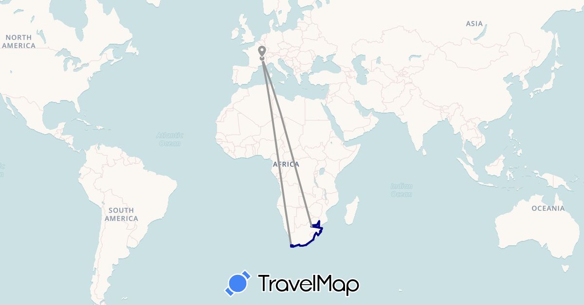 TravelMap itinerary: driving, plane, hiking, boat in France, Swaziland, South Africa (Africa, Europe)